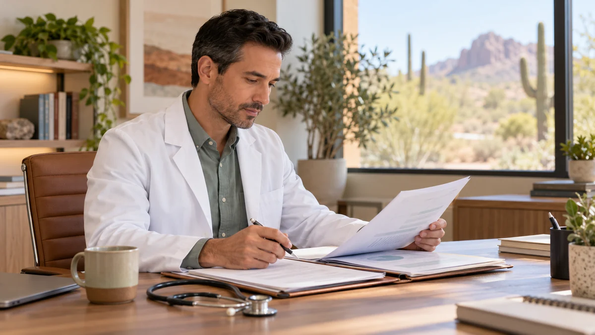 Illustrative clinician reviewing a whole-person care plan in an Arizona medical office