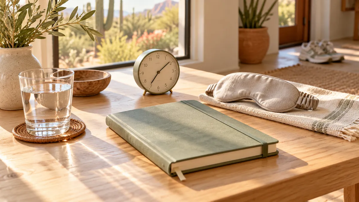 Energy journal, clock, water, and sleep mask in warm Arizona morning light