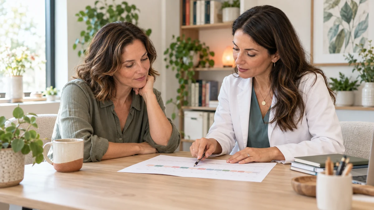 Woman reviewing a symptom timeline with a functional medicine clinician