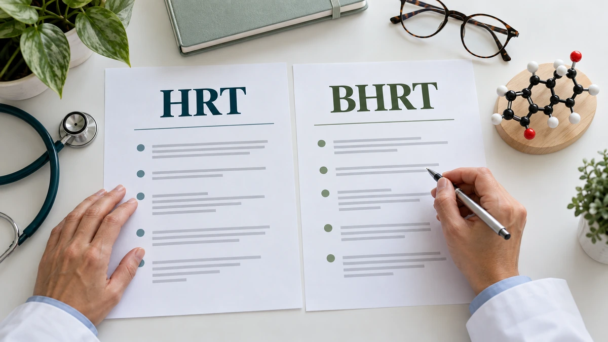 Healthcare professional comparing HRT and BHRT information sheets at a clinical desk