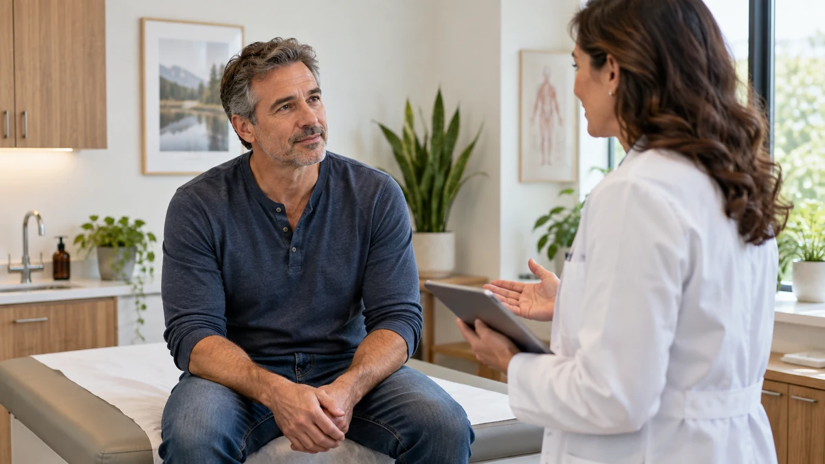 Man over 40 discussing health changes with a clinician in a private exam room