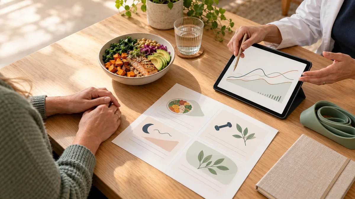 Midlife patient and clinician reviewing a wellness plan with meal, movement, sleep, and health-tracking cues
