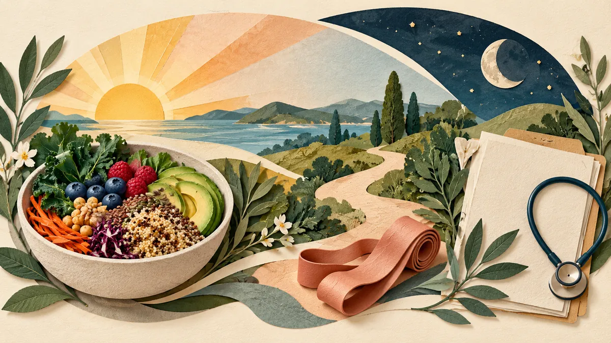 Editorial collage of sunrise and moon, a whole-food bowl, walking path, resistance band, and clinical care plan