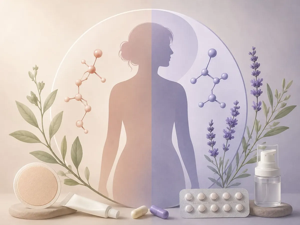 Illustration of hormone therapy delivery options including a patch, cream, pills and a pellet
