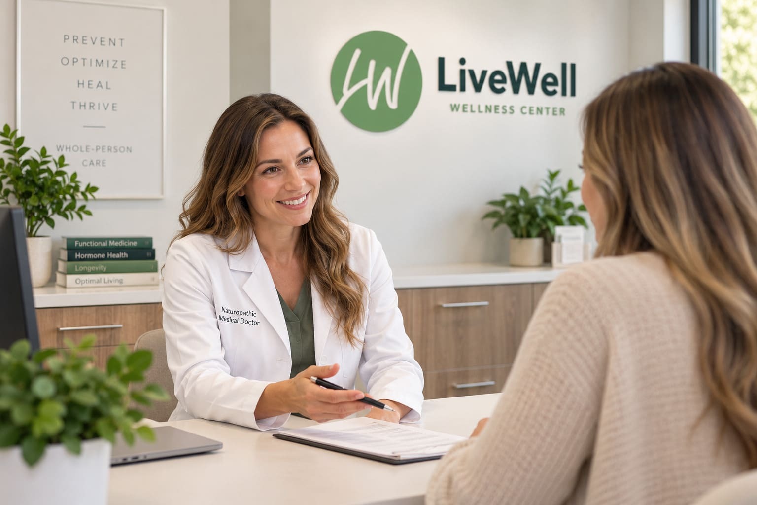 A naturopathic medical doctor consulting with a patient at Live Well Wellness Center